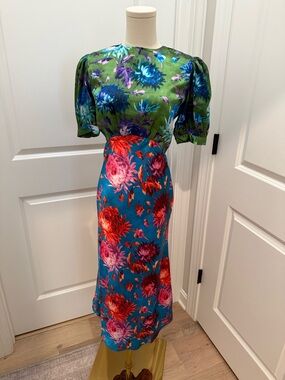 Floral Mixed-Green and Teal Midi Dress with Puff Sleeves